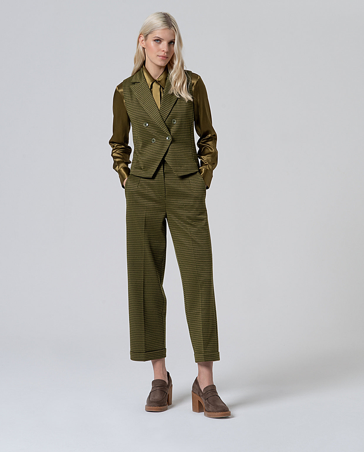 Pantalone dritto pied de poule verde Surkana  -50%