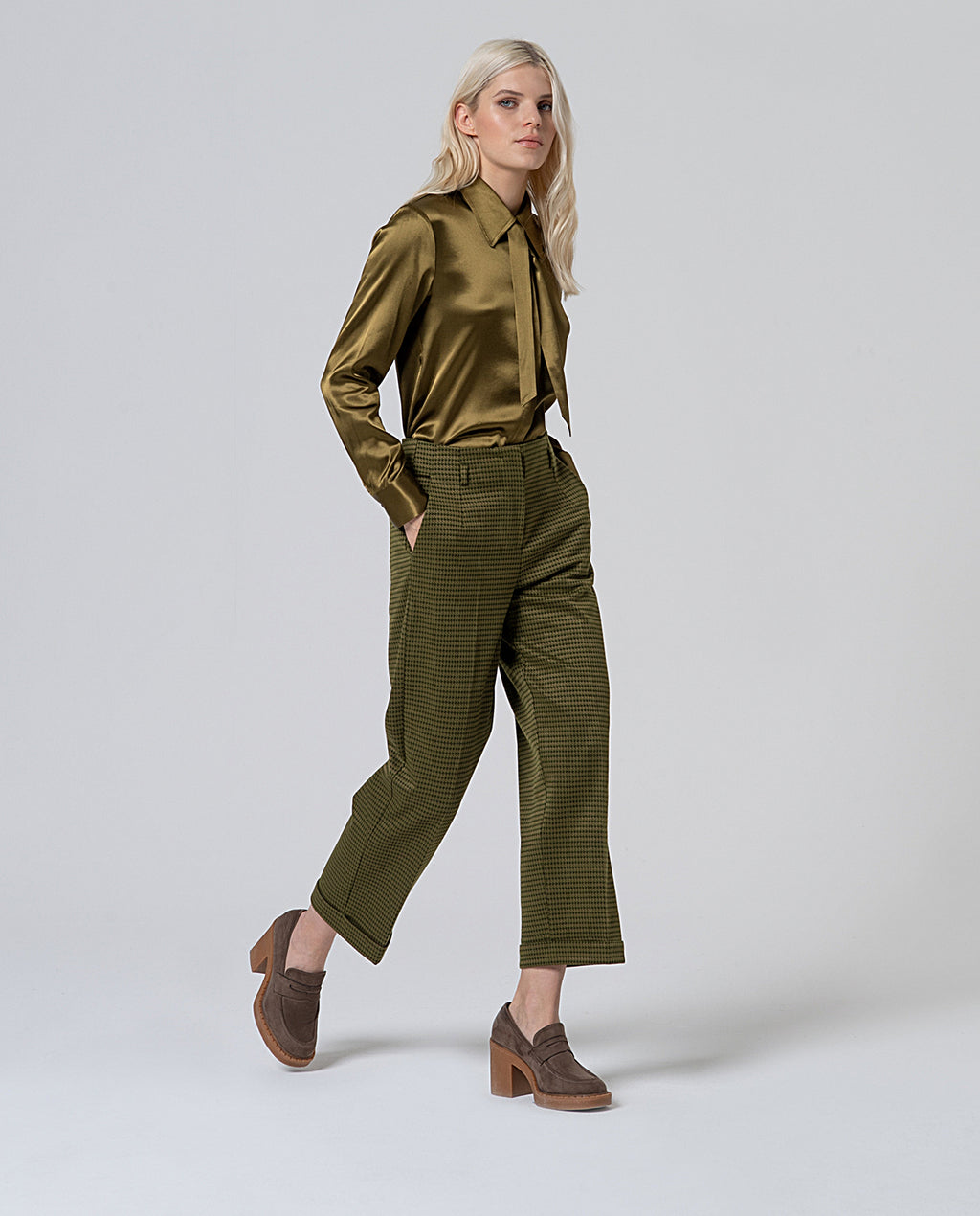 Pantalone dritto pied de poule verde Surkana  -50%