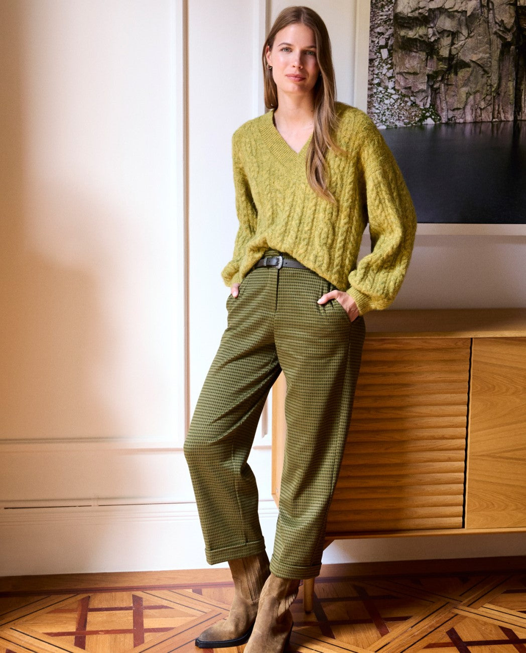 Pantalone dritto pied de poule verde Surkana  -50%