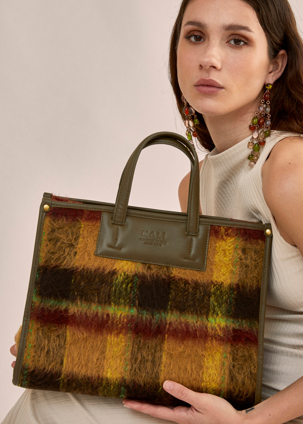 Borsa ARIES a spalla in lana ocra/verde -50%