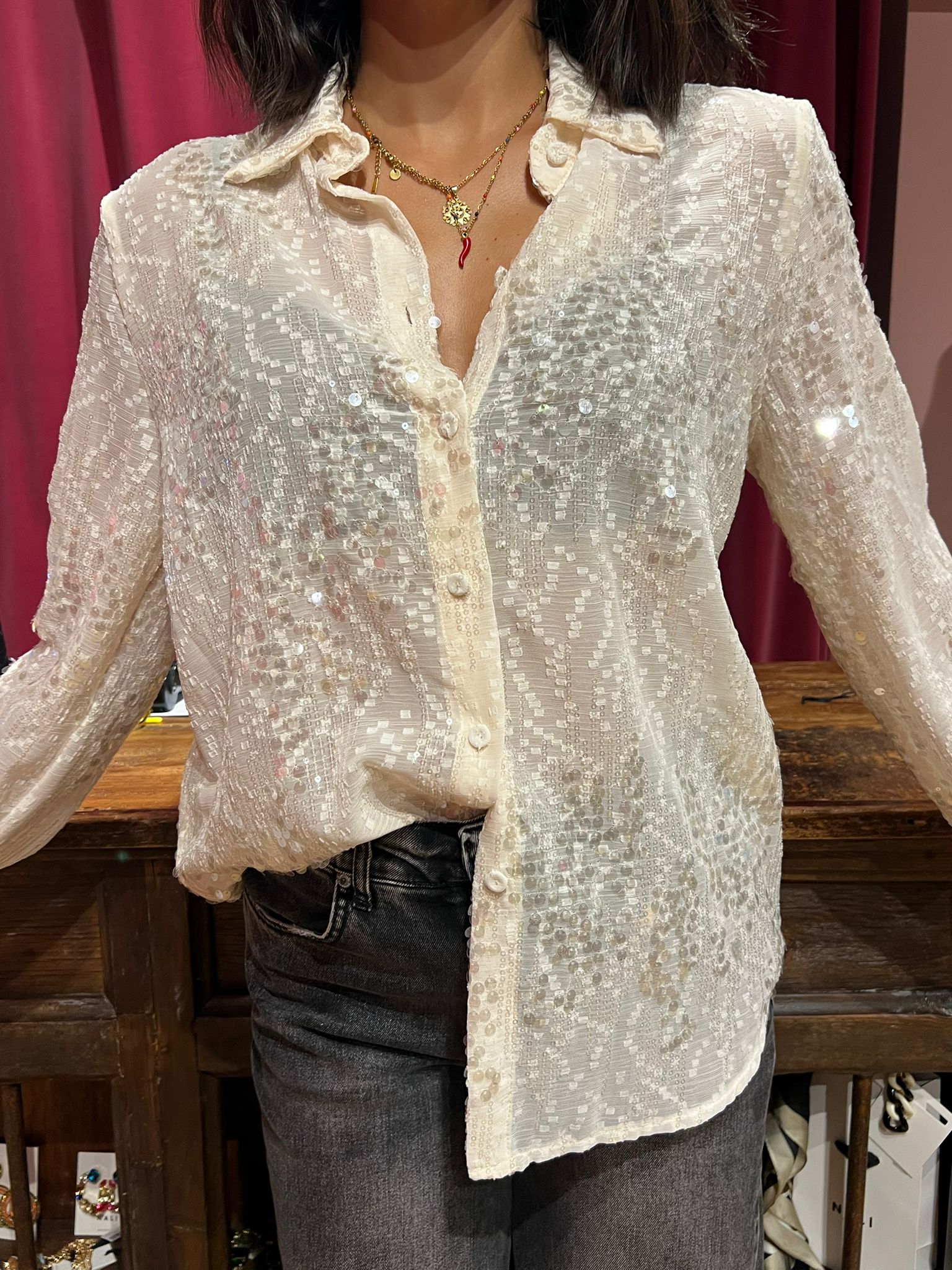 Camicia paillettes avorio Souvenir