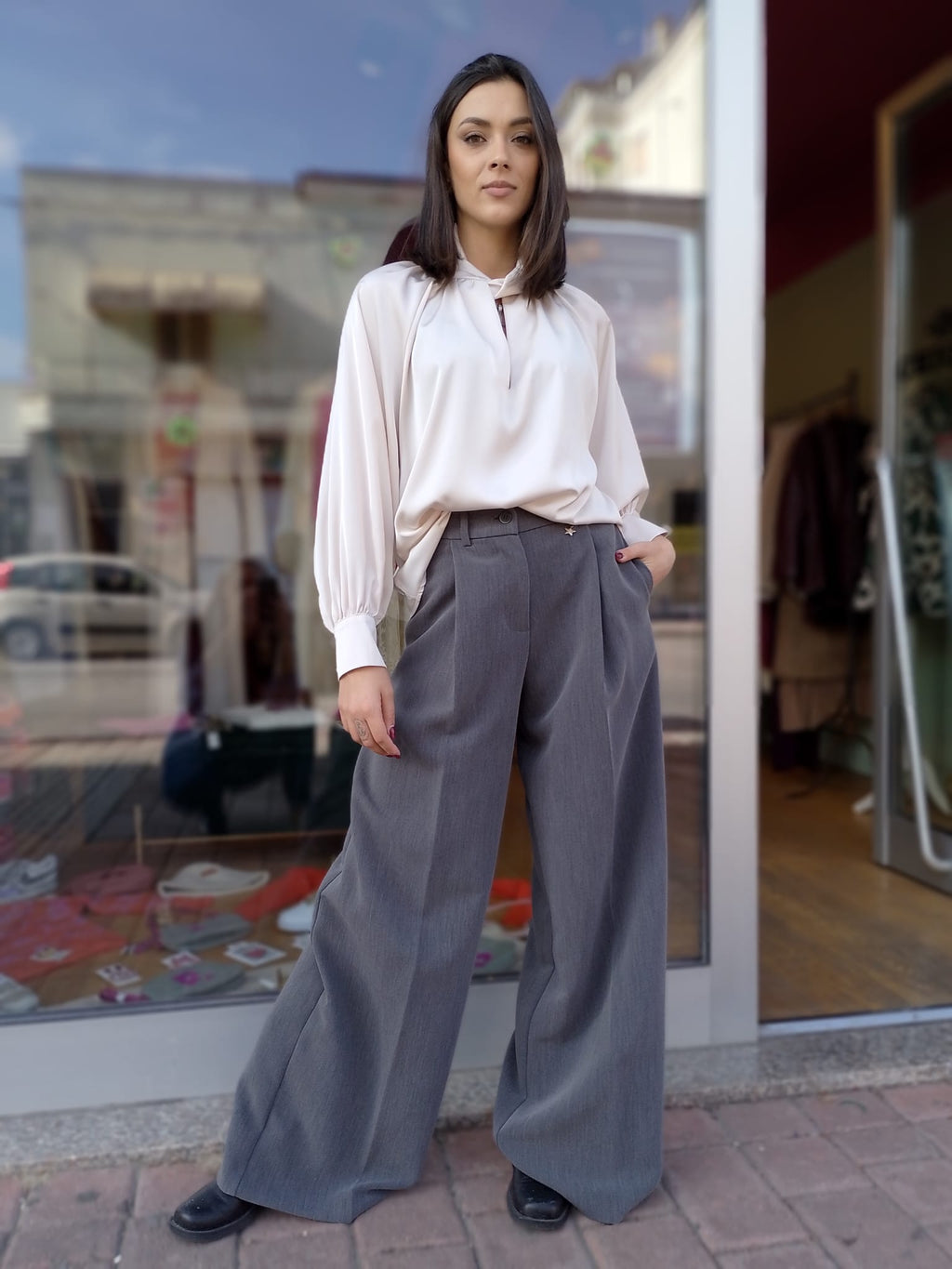 Pantalone palazzo pences grigio   -60%