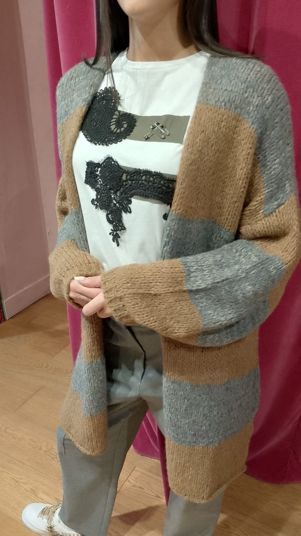 Cardigan righe cammello/grigio Le Streghe  -50%