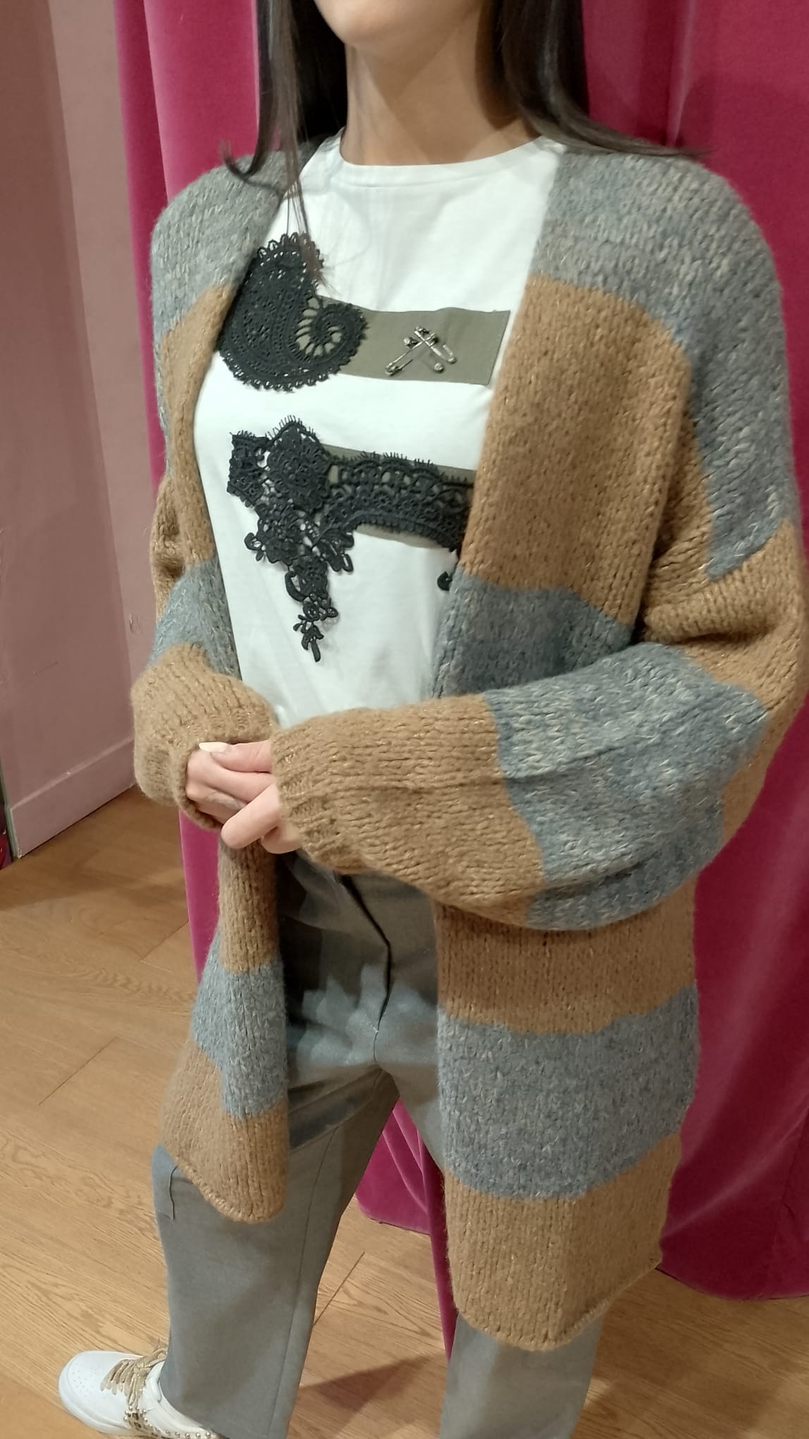 Cardigan righe cammello/grigio Le Streghe  -50%