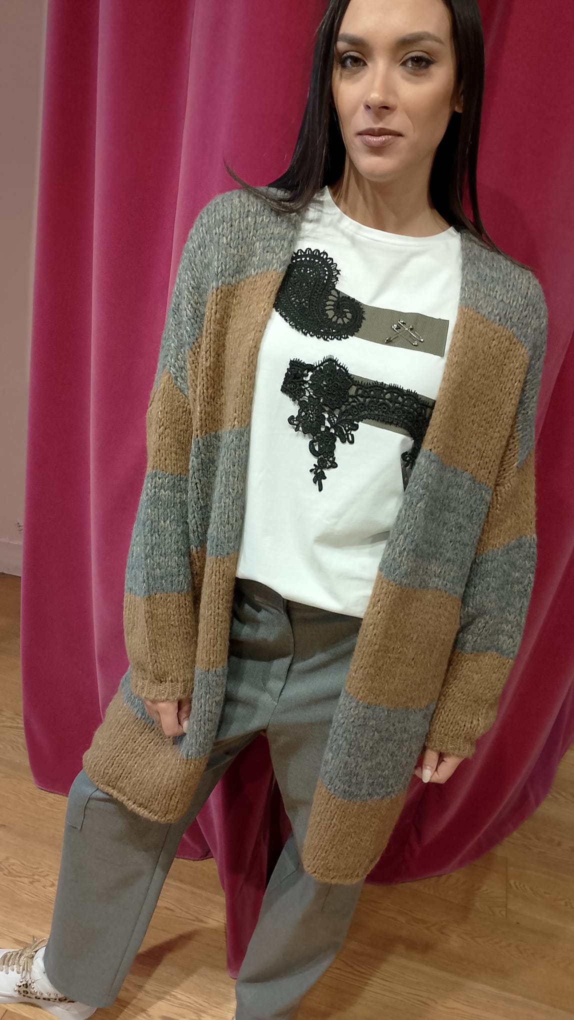 Cardigan righe cammello/grigio Le Streghe  -50%