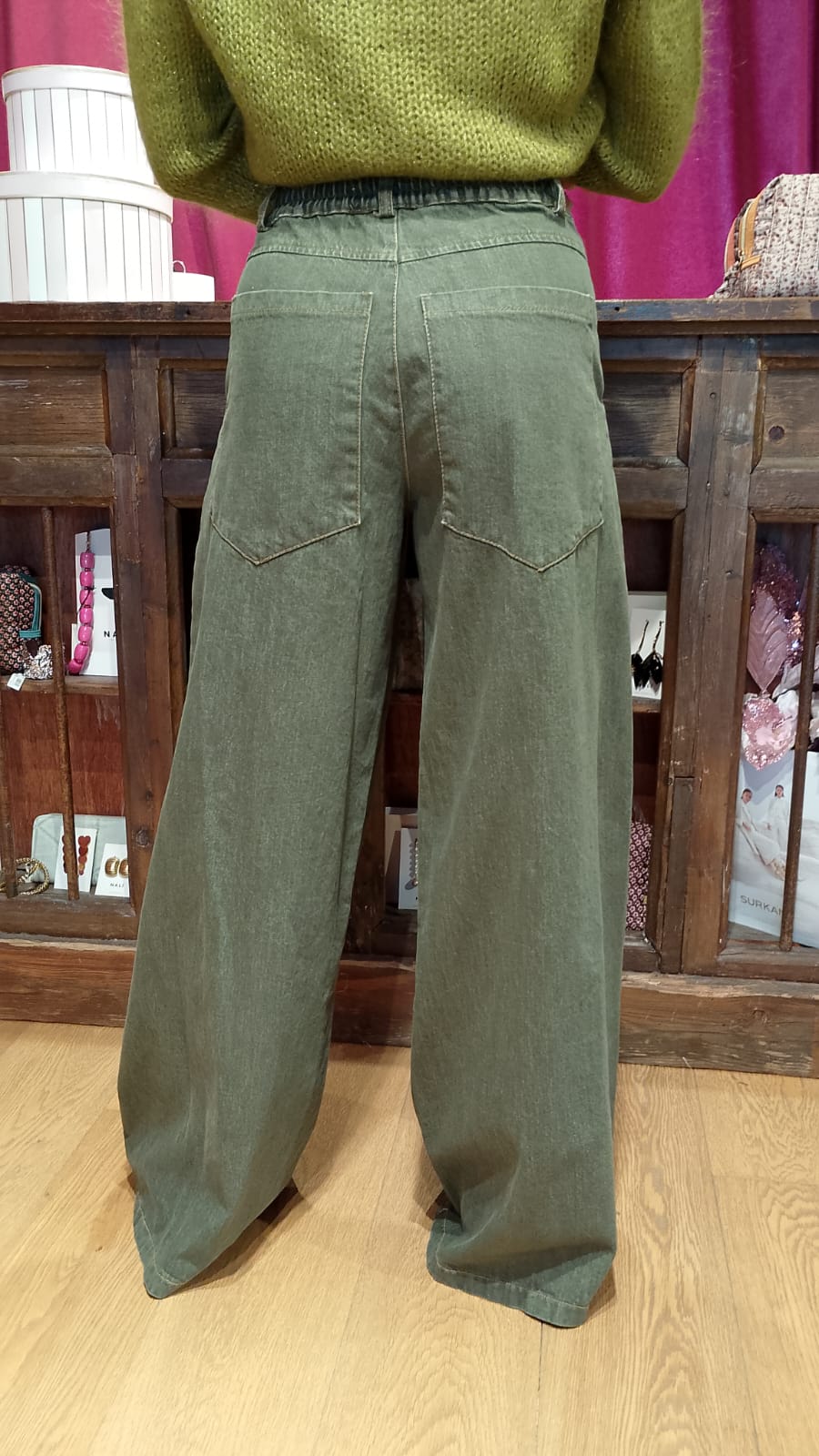 Jeans wide leg verde  militare Le Streghe  -50%