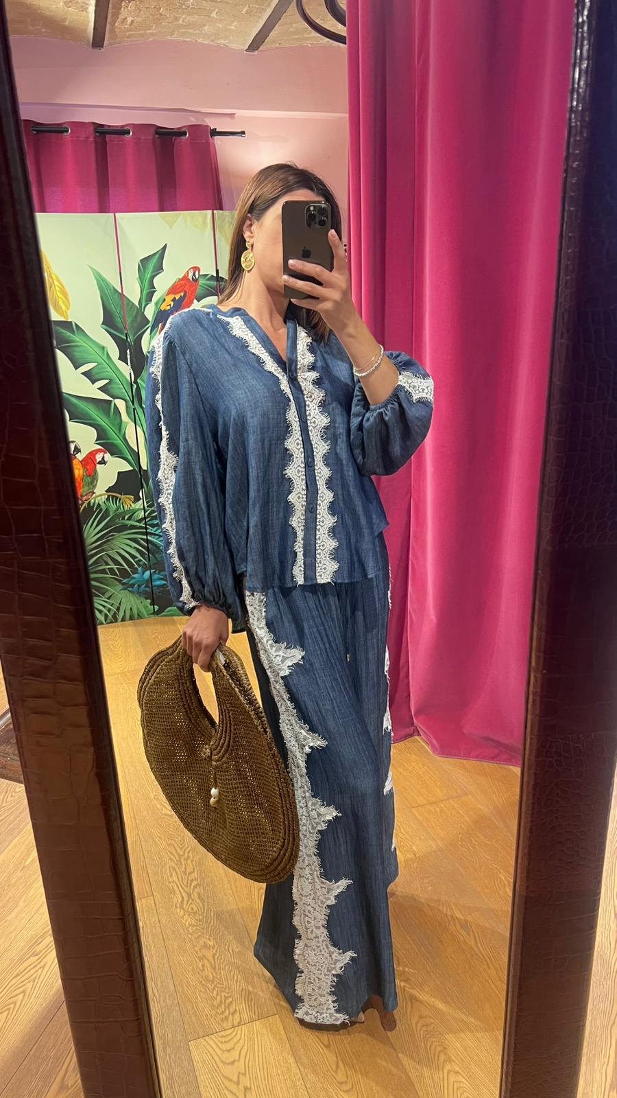 Pantalone chambray inserti pizzo