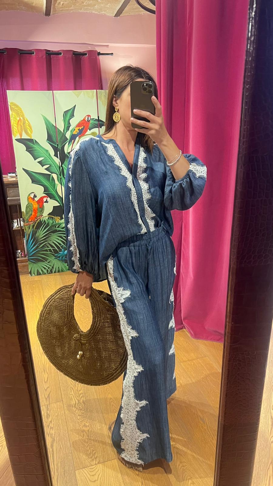 Pantalone chambray inserti pizzo
